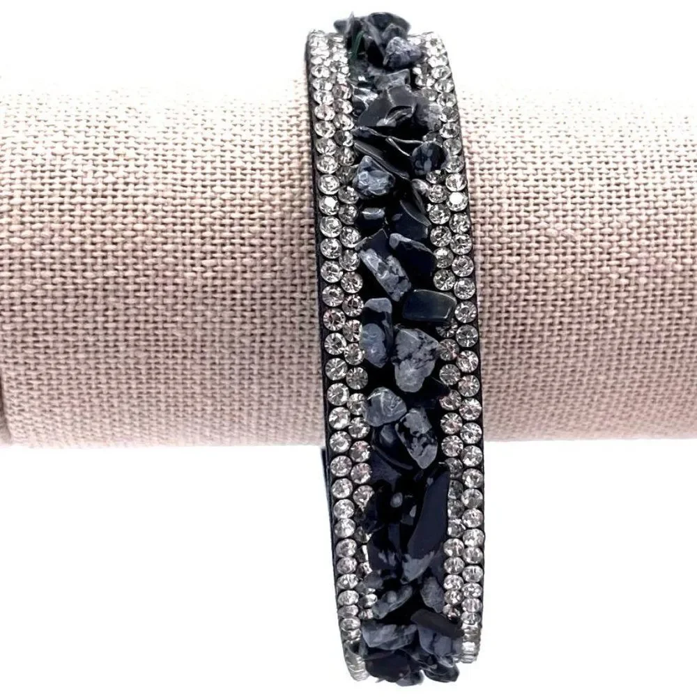 Black Faux Leather with Crystal and Chip Boho Adjustable Bracelet